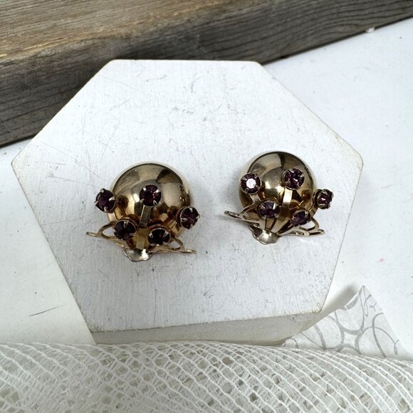 Vintage Clip-On Dome Earrings With Purple Rhinestones & Gold-Tone Finish - Picture 3 of 7